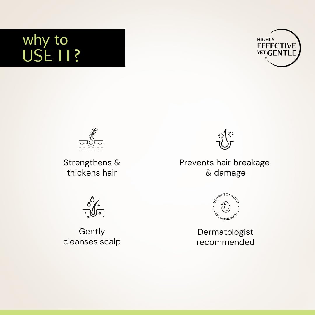 List of reasons to use a product, including strengthening hair, preventing damage, cleansing scalp, and dermatologist recommendation, on a light background.