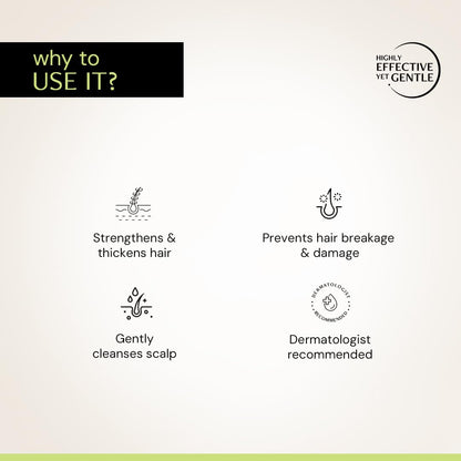 List of reasons to use a product, including strengthening hair, preventing damage, cleansing scalp, and dermatologist recommendation, on a light background.
