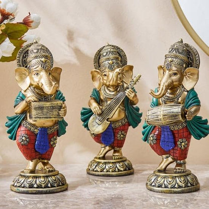 Handicraft Lord Ganesha Playing Musical Guitar, Dholak, Harmonium Resin Statue Showpiece Cute Figurines Set of 3 (Multicolour, 19cm Tall)