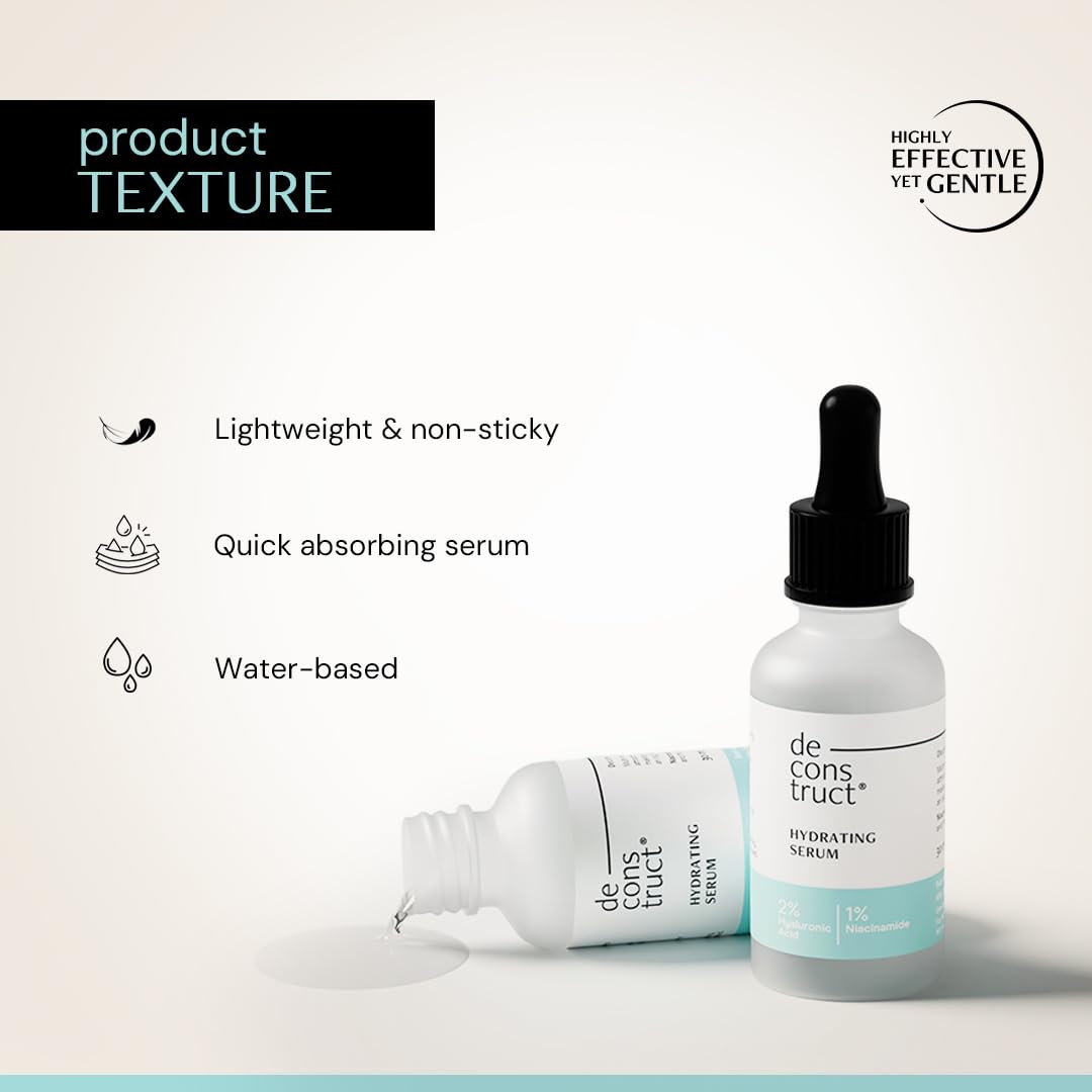 Hydrating serum bottle with text highlighting product texture on a light background