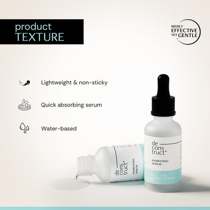 Hydrating serum bottle with text highlighting product texture on a light background