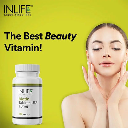 INLIFE Biotin 10000mcg Tablets Vitamin B7 for Hair Skin and Nails | Men and Women - 60 Tablets