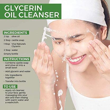 Woman washing her face with a glycerin oil cleanser and instructions on how to use it.