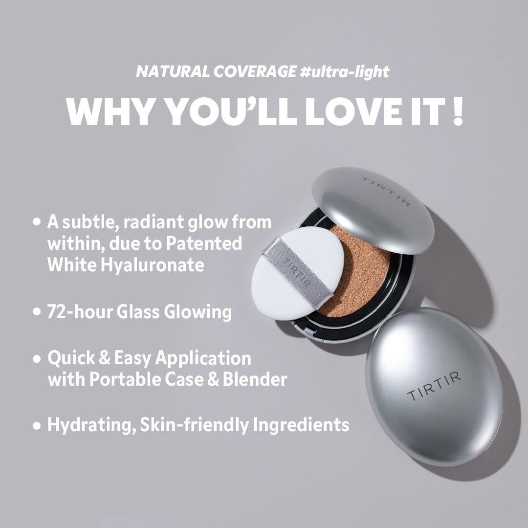 TIRTIR Mask Fit Aura Cushion Foundation, Full coverage, Skin fit, Satin Glow Finish, Korean Cushion Foundation #21C COOL IVORY| 4.5g