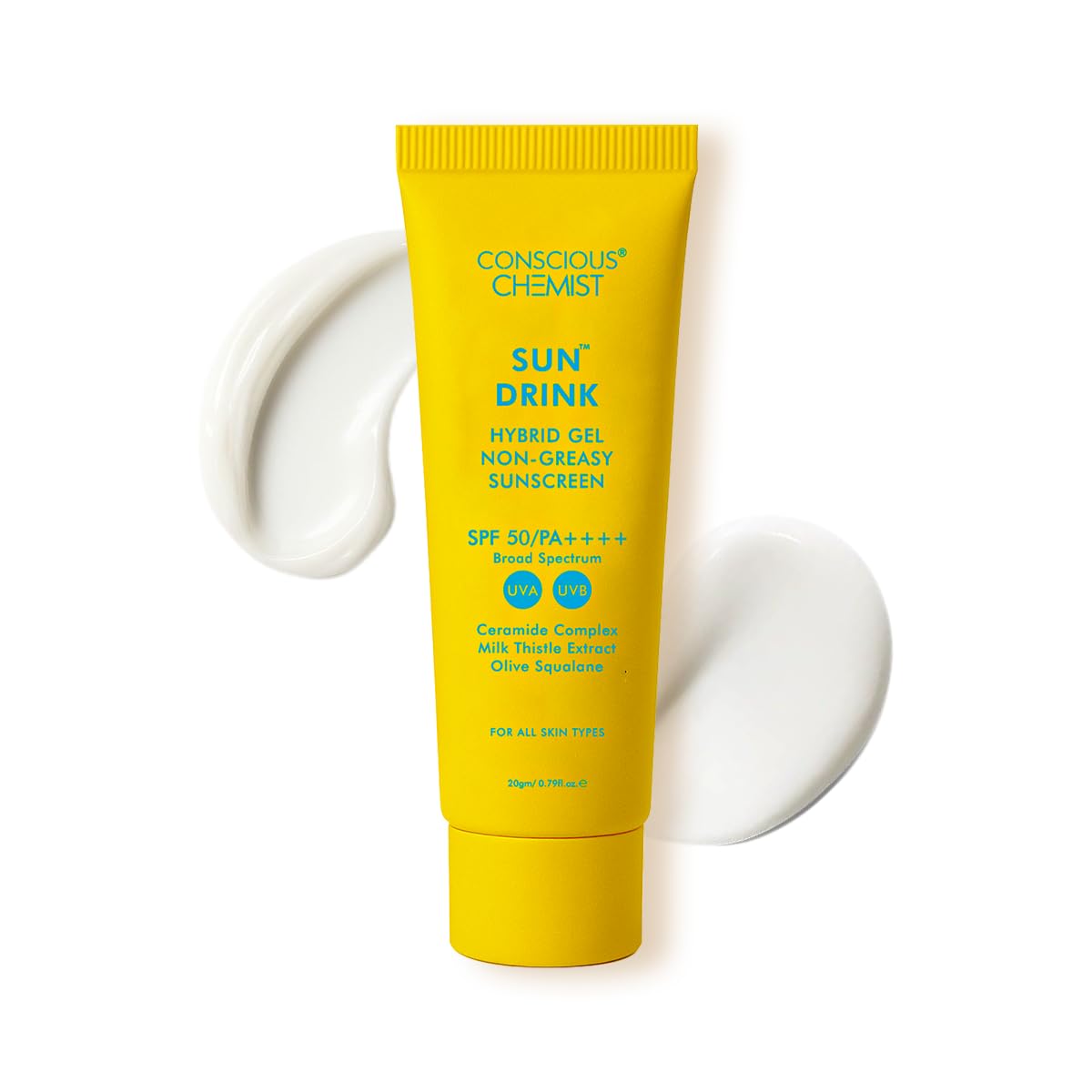 Yellow tube of 'Sun Drink' sunscreen with text on a white background