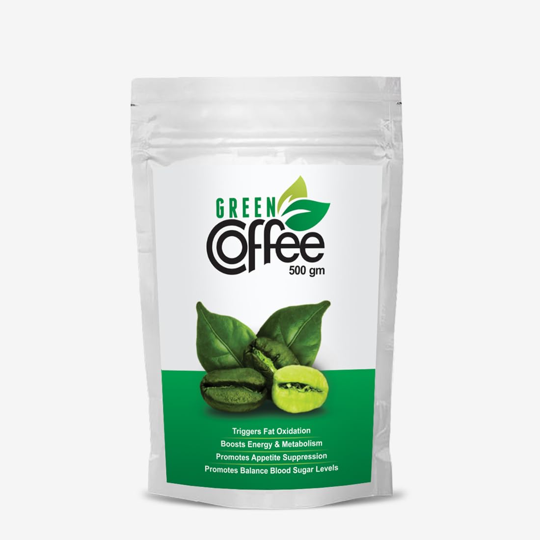 Green coffee package with text and graphics on a white background