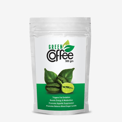 Green coffee package with text and graphics on a white background