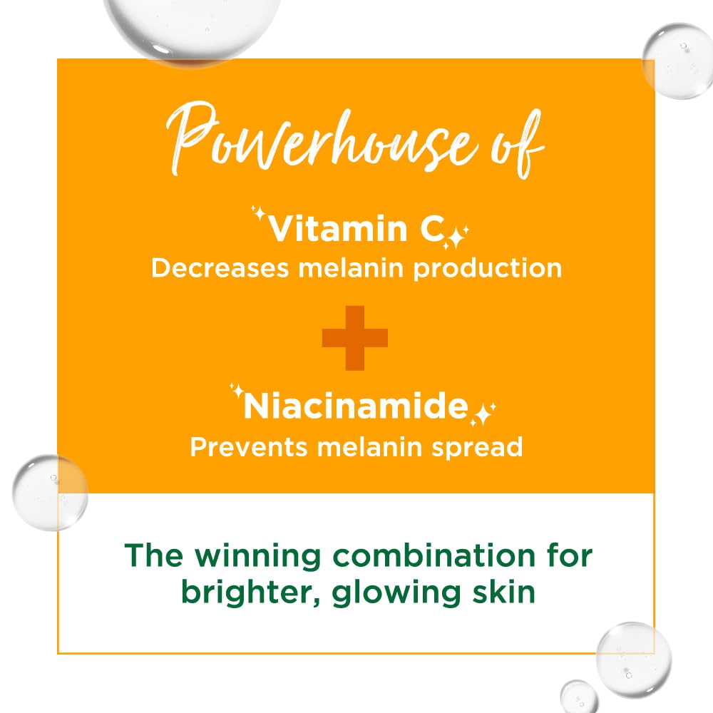 Orange square with text about vitamin C and niacinamide for skin benefits, surrounded by bubbles.