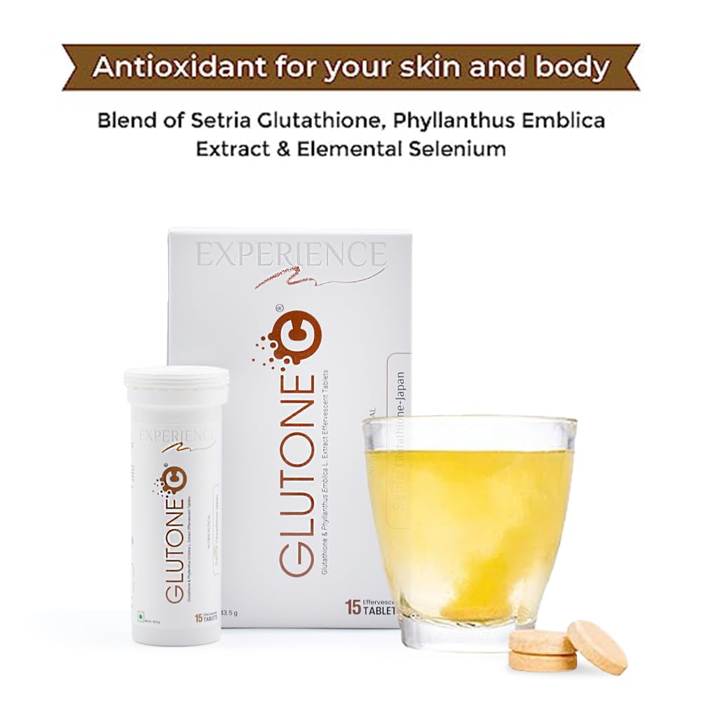 GLUTONE supplement packaging with a glass of liquid and tablets on a white background