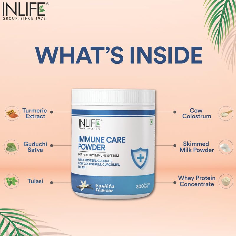 INLIFE Immune Care Powder | Whey Protein with Ayurvedic Herbs | Turmeric Curcumin, Guduchi, Tulasi, Colostrum | Nutritional Supplement for Men and Women - 300g (Vanilla)