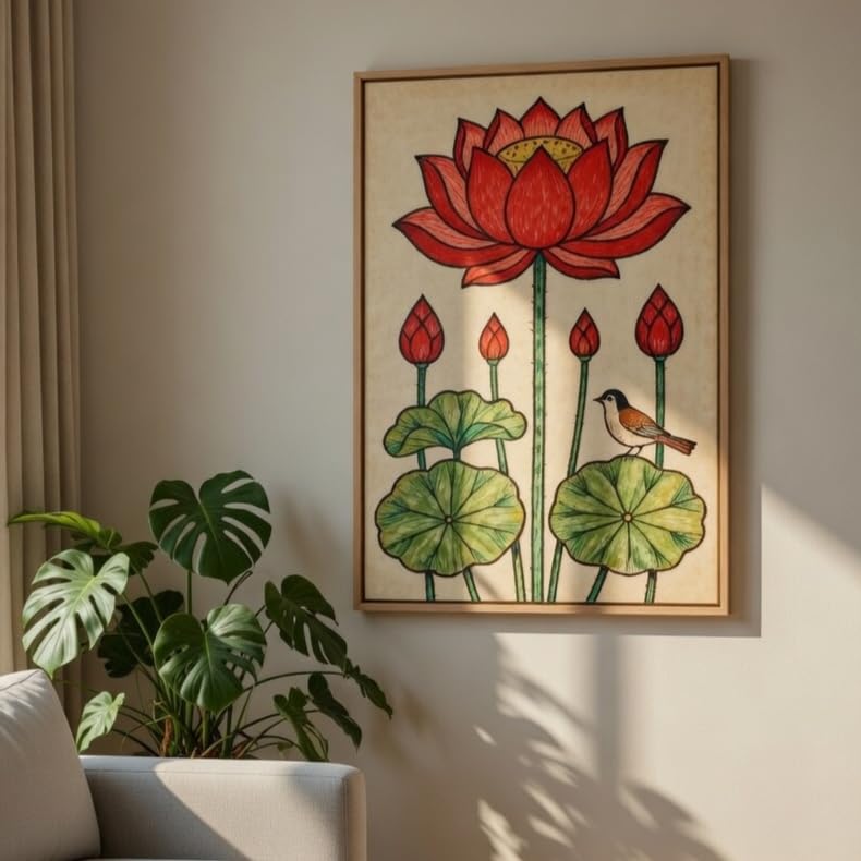 Traditional Lotus Flower Wall Painting with Wooden Frame | Botanical Lotus Artwork HD UV Laminated MDF Wall Decor | Indian Lotus Art Wall Decor for Living Room Bedroom Home 13.5 Inch x 19.5 Inch