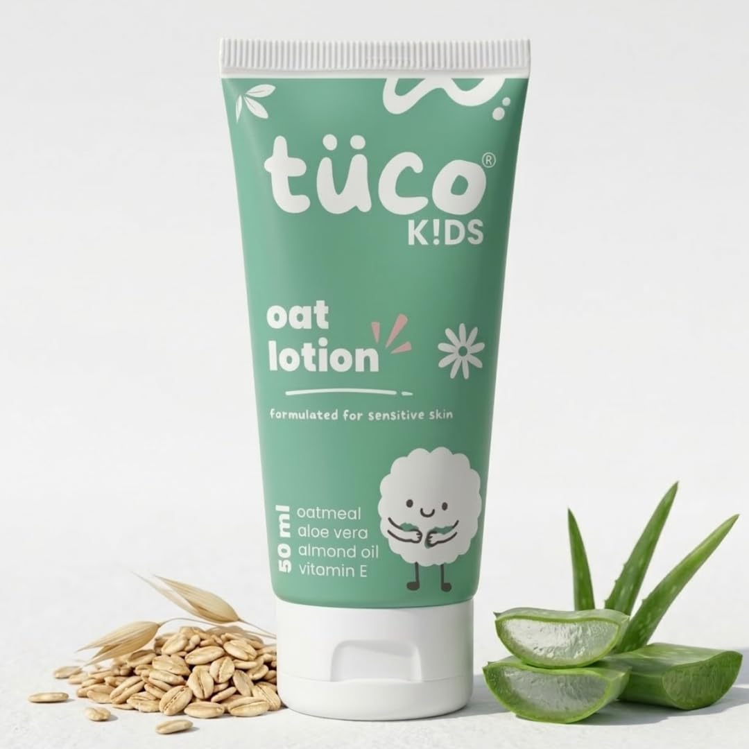 Tube of tüco Kids oat lotion with oats and aloe vera on a white background