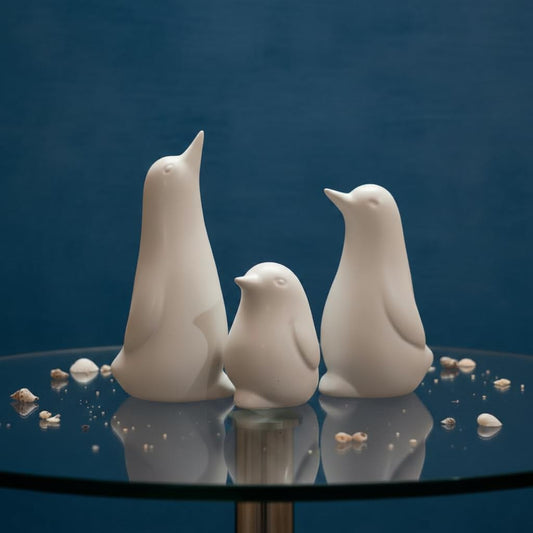Ceramic Penguin Family Figurine - Set of 3 | White Penguin Figurines for Home Decor | Modern Nordic Tabletop Accent for Living Room, Bedroom, Office Desk & Shelves | Gift for Housewarming