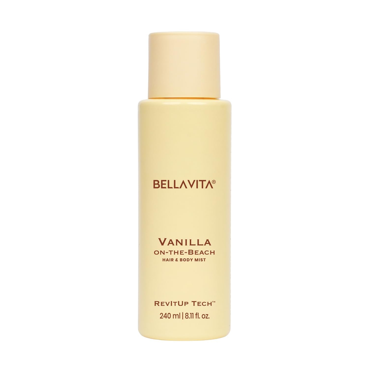 Bellavita Vanilla on-the-Beach hair and body mist bottle on a white background