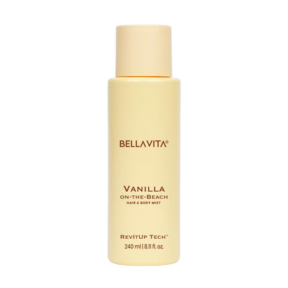 Bellavita Vanilla on-the-Beach hair and body mist bottle on a white background