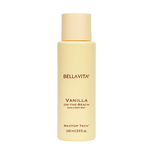 Bellavita Vanilla on-the-Beach hair and body mist bottle on a white background