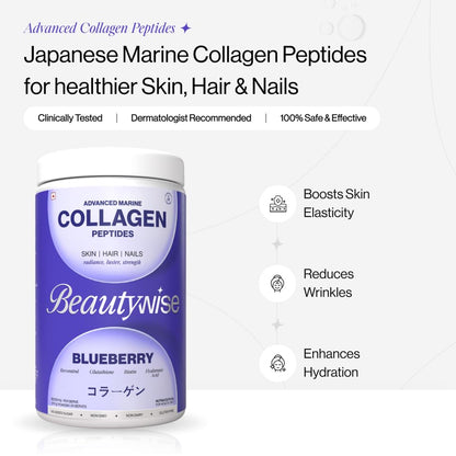 Beautynwise Japanese Marine Collagen Peptides container with benefits listed on a white background