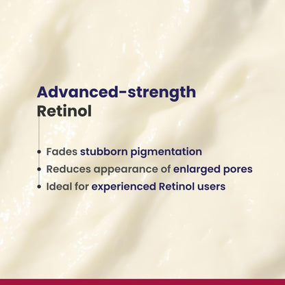Text describing advanced-strength Retinol with benefits on a beige background