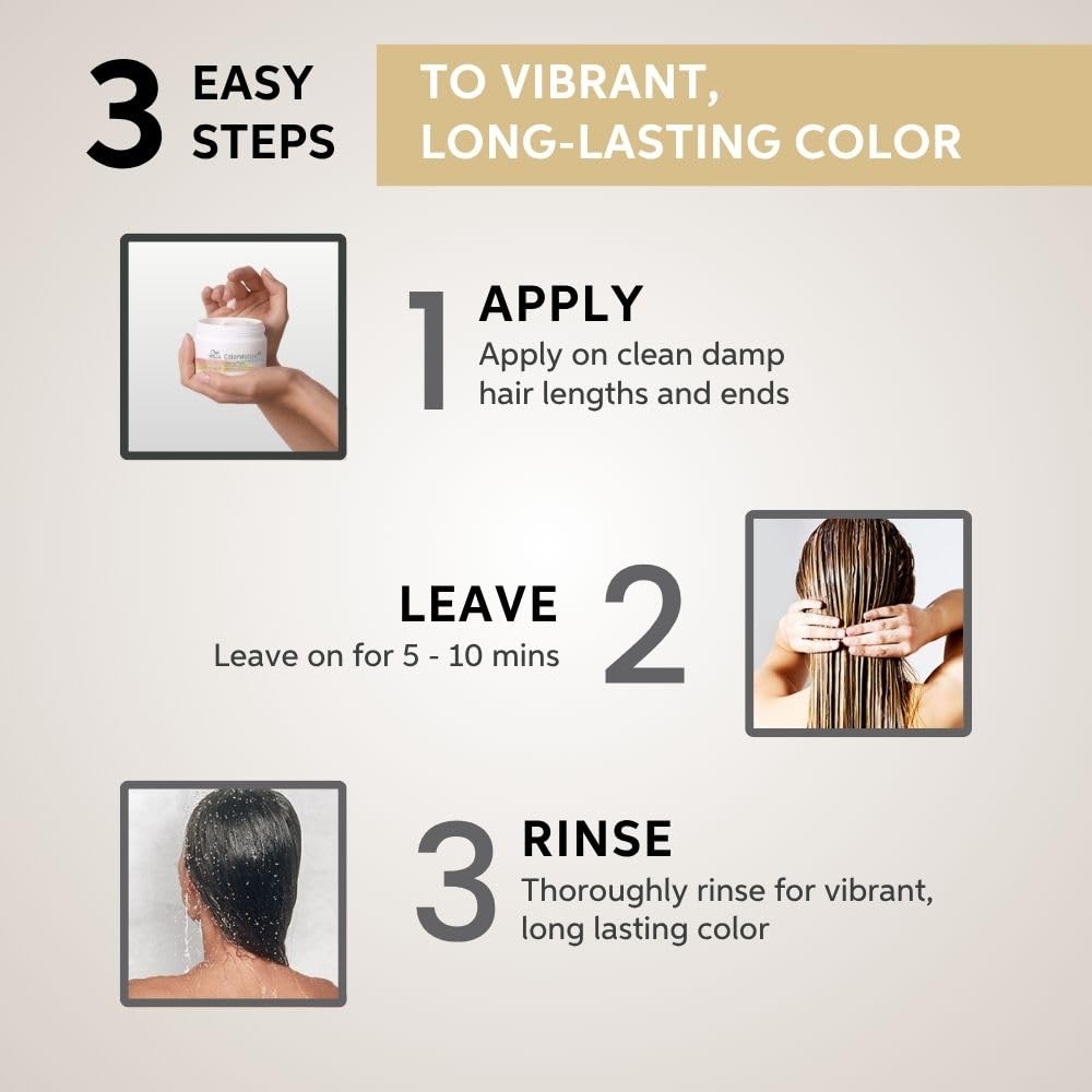 Hair color application instructions with three steps on a beige background
