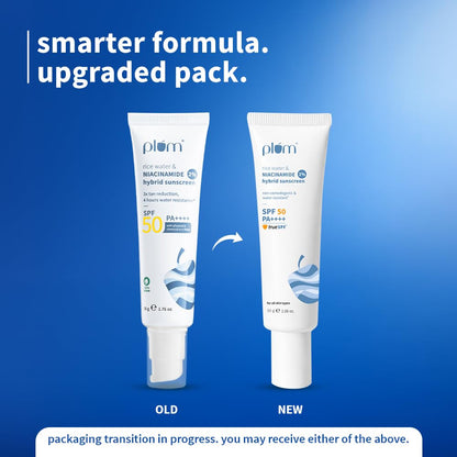 Plum SPF 50 PA++++ Sunscreen with 2% Niacinamide & Rice Water | In-Vivo Tested | Lightweight, No White Cast | Broad Spectrum UVA/UVB protection | Brightens Skin, Reduces Tan | Oily & Dry Skin | 50g