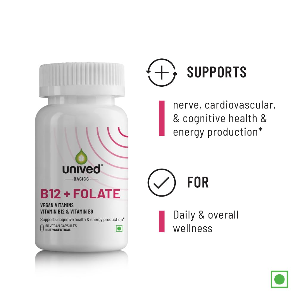 Zephivo Unived Basics B12+Folate | Vitamin B12 (Methylcobalamin) with 5-MTHF BioAvailable Folate | Essential for Vegan & Vegetarians | 60 Vegan Capsules
