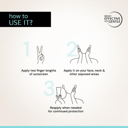 Instructions on how to use sunscreen with line drawings and text.