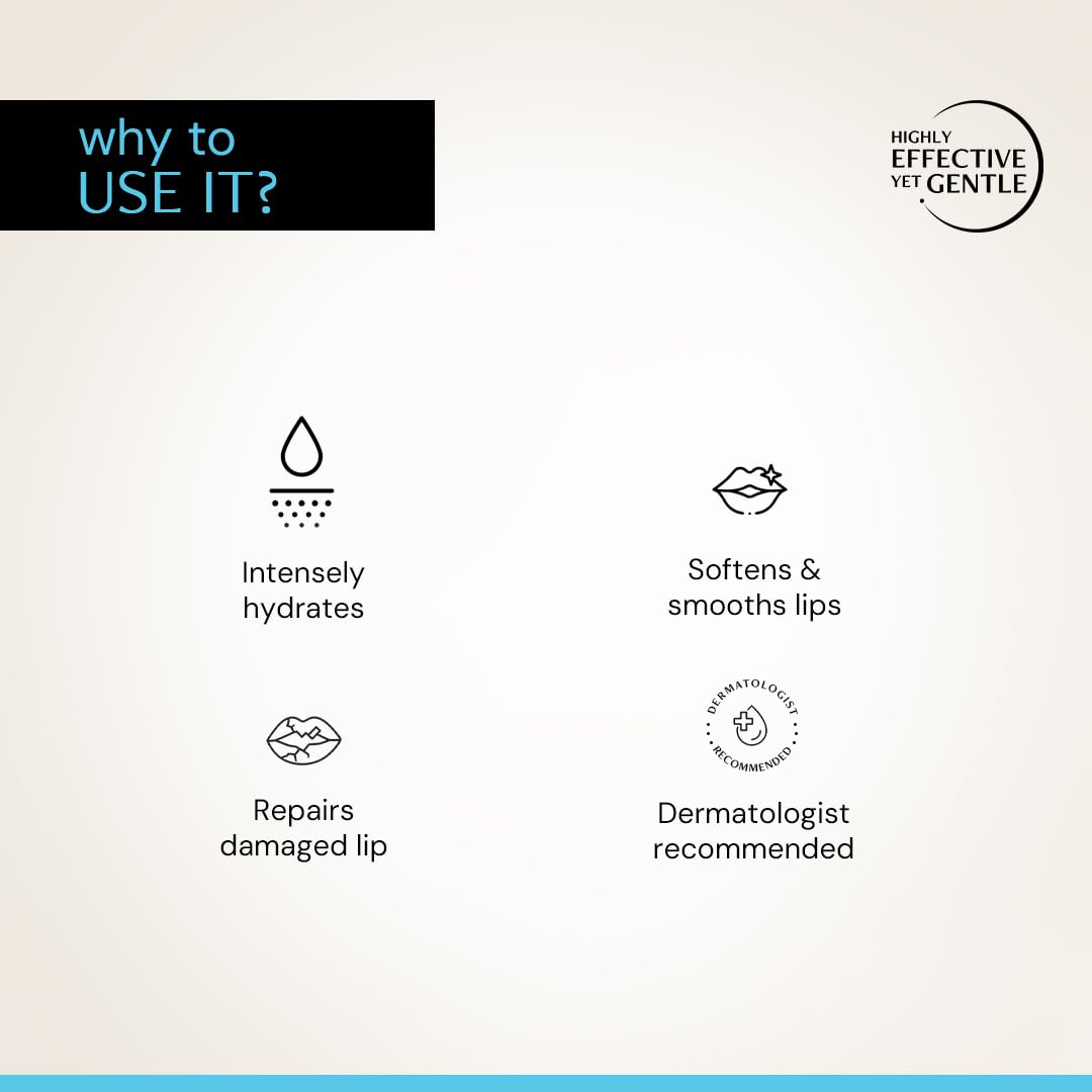 Lip care product description with icons and text on a light background