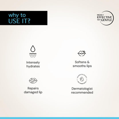 Lip care product description with icons and text on a light background