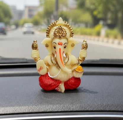 Gold Art India Peach Ivory 4-Hand Ganesha with Mukut for Home Decor Idol Ganesha Murti Ganpati Idol for car Dashboard Puja Lord Ganesh Statue Gift for Office Desk Puja Room Figurine