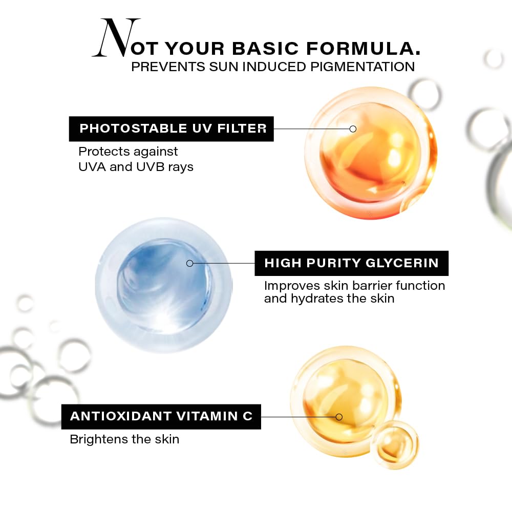 Diagram of photostable UV filter, high purity glycerin, and antioxidant vitamin C with text on a white background.