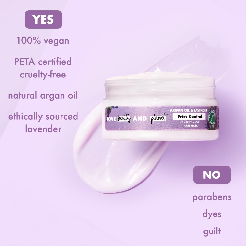 Jar of hair mask with ethical sourcing information on a purple background