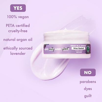 Jar of hair mask with ethical sourcing information on a purple background