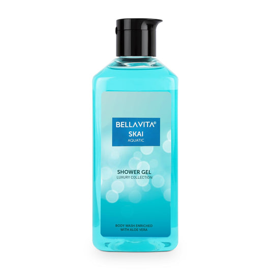 Blue shower gel bottle with black cap on a white background