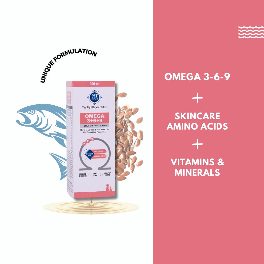 PET360 Omega 3+6+9 for Dogs | Blend of Salmon & Flax Seed Oils with Fur & Coat Protectives | Reduced Shedding | Shiny Coat | Healthy Joints | Nutritional Supplement for Pets - 200 ml