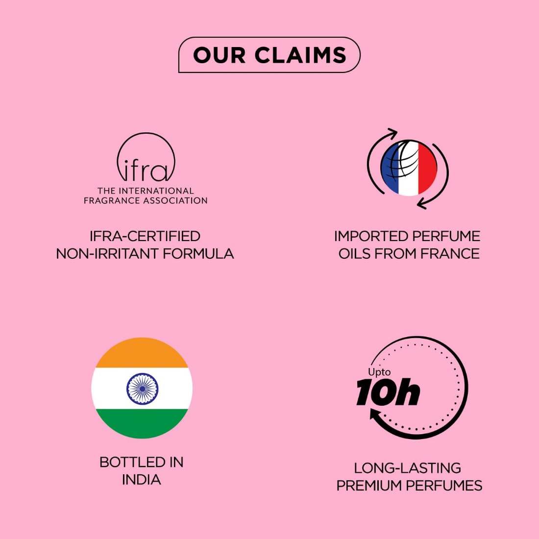 Pink background with IFRA certification, France import, India bottling, and long-lasting perfume claims.