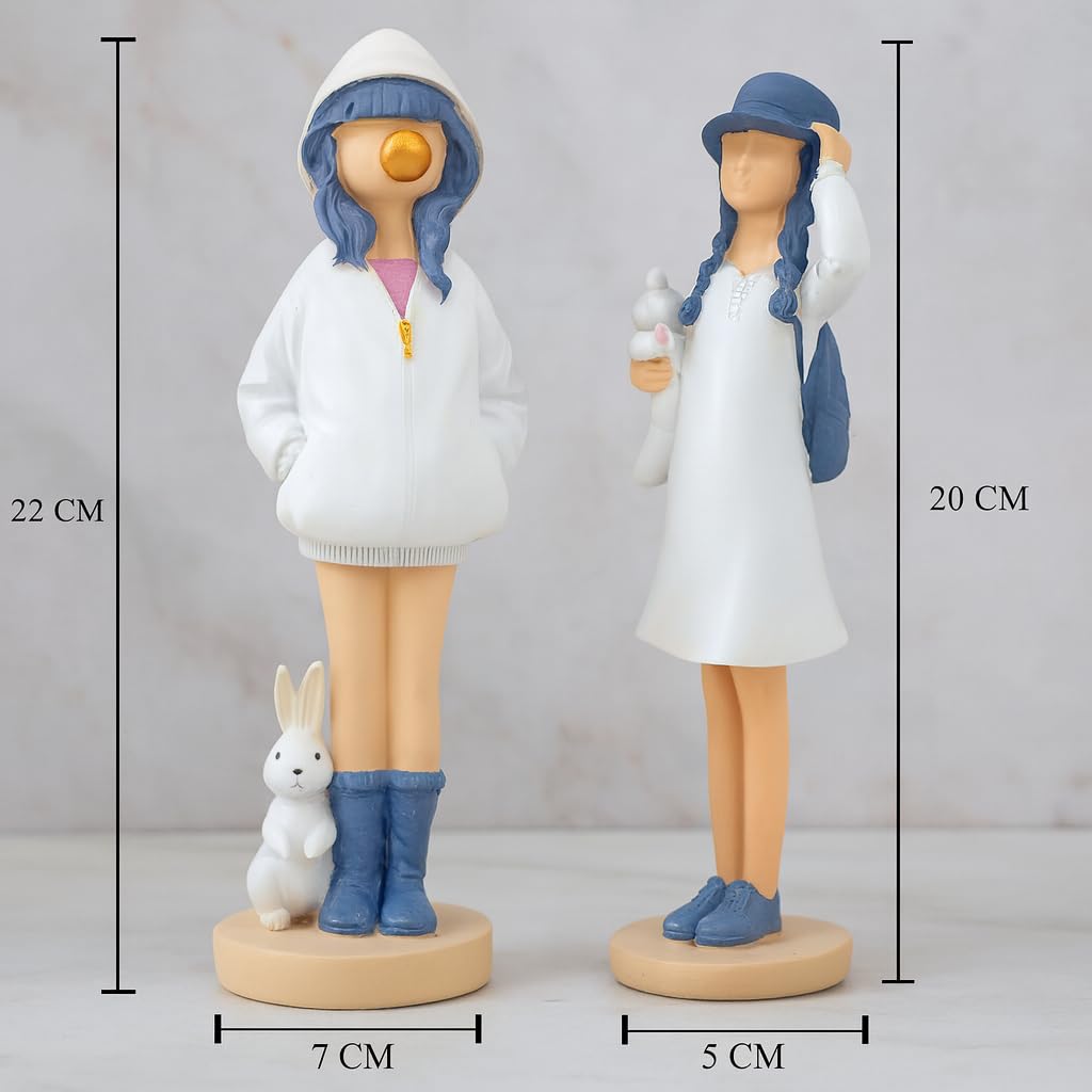 Cute Girls Statue for Home Decor | Table Decor (Pack of 2, White & Blue)