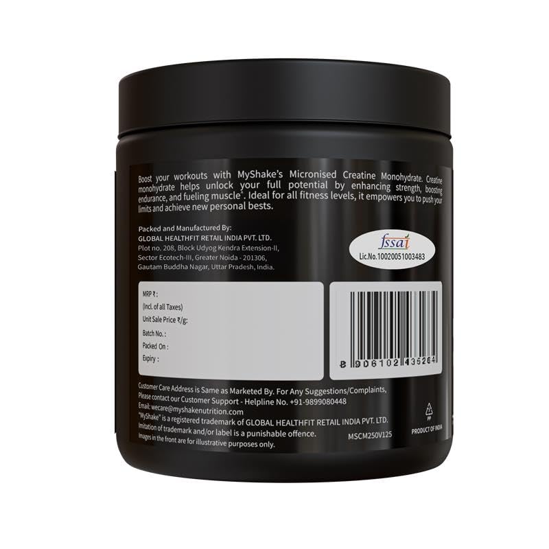 MyShake Micronised Creatine Powder - 250gm (83 Servings) | 3g Creatine Monohydrate Per Serve | Rapid Absorption, Boost Strength & Fuels Muscle | Supports Athletic Performance & Power