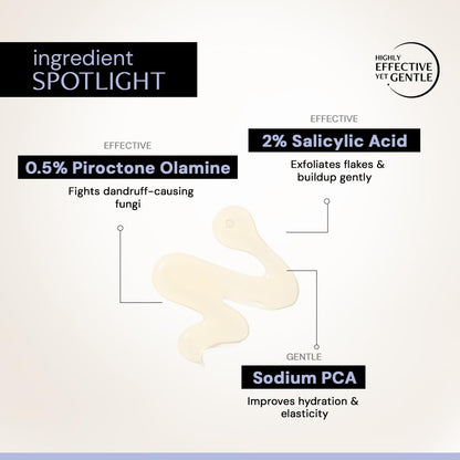 Product ingredient spotlight with 0.5% Piroctone Olamine, 2% Salicylic Acid, and Sodium PCA on a beige background.