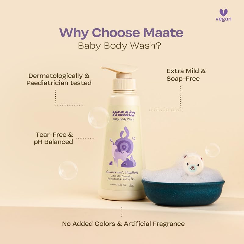 Maate Baby Body Wash | With Ayurvedic Herbs Beetroot, Manjistha & Neem extracts | Body Wash for Dry & Sensitive Skin | Natural & Vegan | Tear-free & pH Balanced | Soap Free (400ml (Pack of 1))