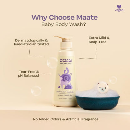 Maate Baby Body Wash | With Ayurvedic Herbs Beetroot, Manjistha & Neem extracts | Body Wash for Dry & Sensitive Skin | Natural & Vegan | Tear-free & pH Balanced | Soap Free (400ml (Pack of 1))