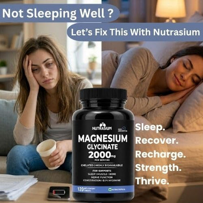 Nutrasium | Magnesium Glycinate 2000 mg | Chealated Magnesium Supplement For Natural Sleep, Muscle Relaxation, Nerve Function, Heart & Bone Health, Stress & Calmness | 120 Tablets