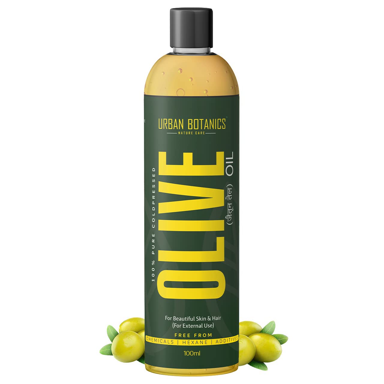 Bottle of Urban Botanics olive oil with green leaves on a white background