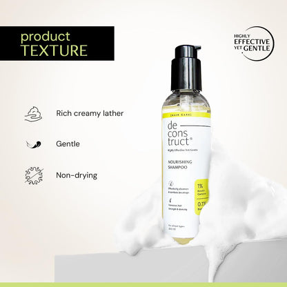 Shampoo bottle with product texture description on a light background