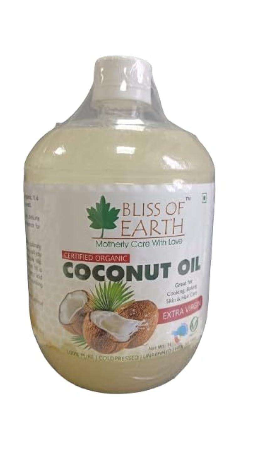 Bliss of Earth Extra Virgin Certified) Organic Coconut Oil 1ltr, Cold Pressed, Unrefined, Pure, for Cooking, Hair & Skin Care