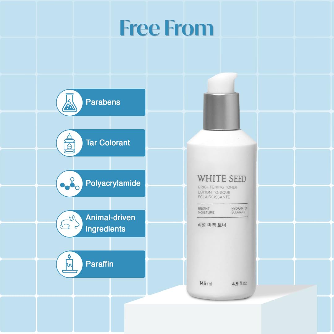 White seed skincare product with ingredient free label on a blue tiled background