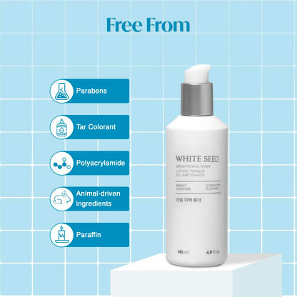 White seed skincare product with ingredient free label on a blue tiled background