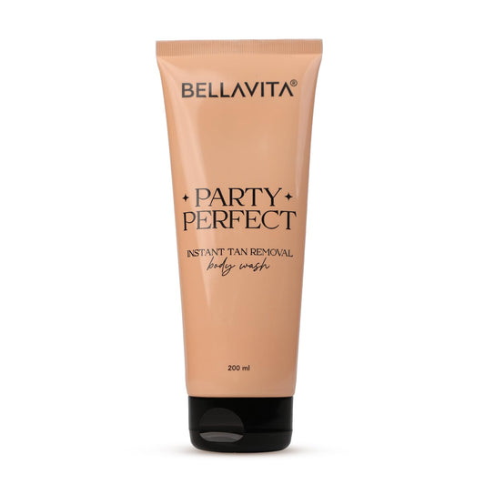 Tube of Bellavita Party Perfect instant tan removal body wash on a white background