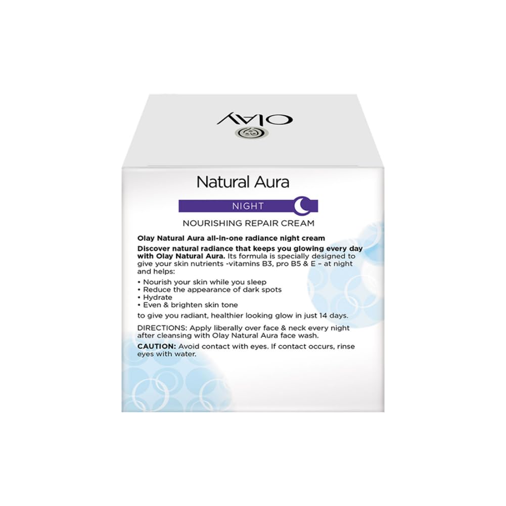 Olay Natural Aura night cream packaging on a white background