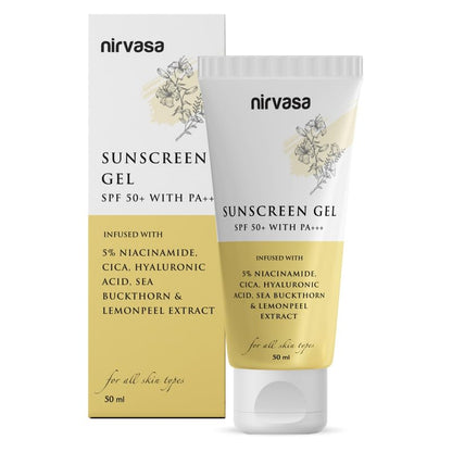 Nirvasa SPF50+ Sunscreen Gel (50ml) with 5% Niacinamide | Broad Spectrum UVA/UVB Protection, PA+++ | Lightweight, Non-Greasy, No White Cast | Hydrates, Brightens & Protects Skin | For All Skin