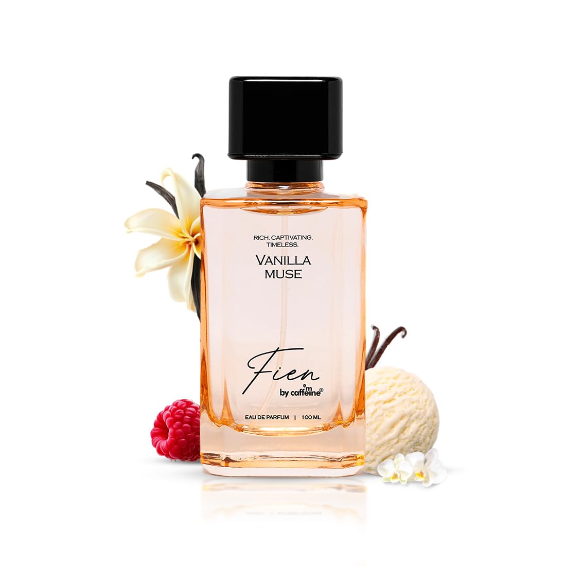 Perfume bottle labeled 'Vanilla Muse' by Fien on a white background